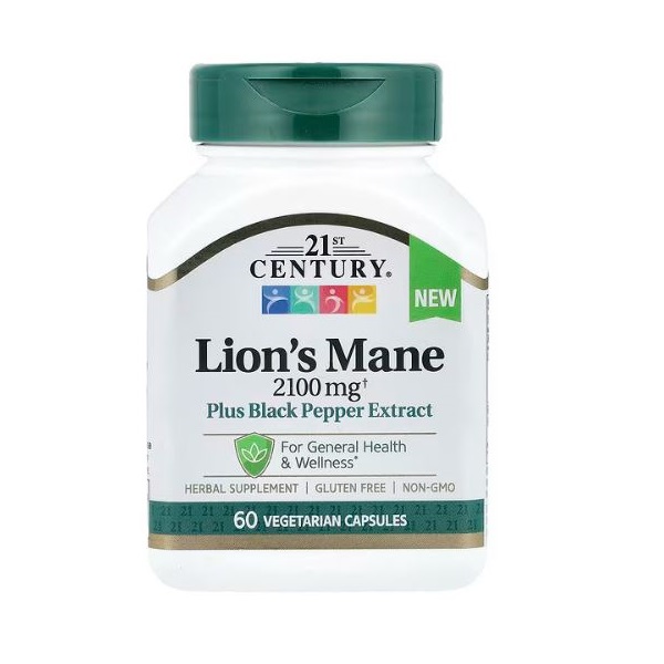 کپسول یال شیر 21st Century مدل Lion's Mane 2100mg Plus Black Pepper Extract | 60 عددی