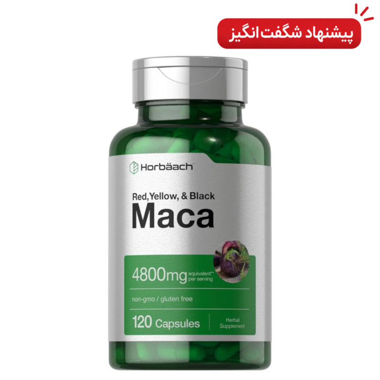 کپسول ریشه ماکا بدون گلوتن هورباخ مناسب آقایان و بانوان (4800 میلی گرم، 120 عدد) تقویت قوای جنسی و تناسب اندام